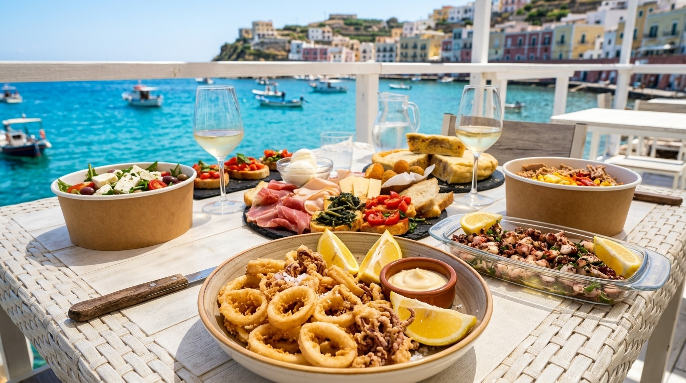 "Pranzo sospesi sul blu, dove il viaggio incontra il sapore."